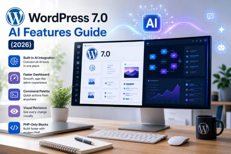 Modern WordPress 7.0 AI dashboard showing AI integration, faster admin interface, and WordPress AI automation tools