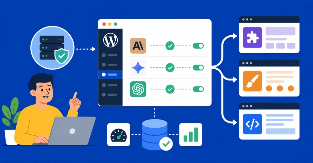 Flat vector illustration showing WordPress 7 centralized AI infrastructure connecting multiple AI plugins and automation tools