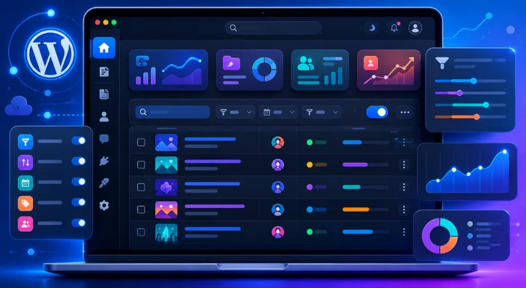 Modern WordPress 7 DataViews dashboard with dynamic filtering, sortable tables, and futuristic admin interface