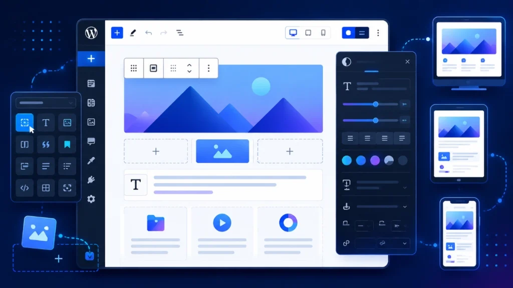 Advanced WordPress Gutenberg block editor with responsive controls, typography settings, and modern layout tools