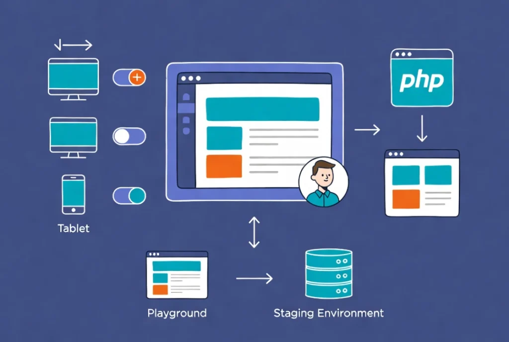 Flat vector illustration showing WordPress staging environment, Playground testing, responsive controls, and PHP block development workflow