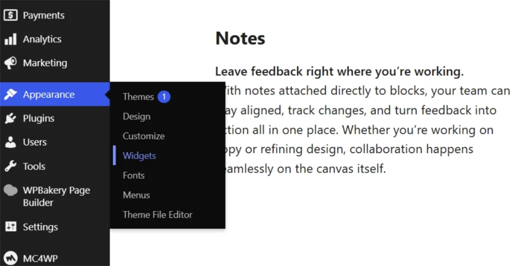 WordPress Appearance menu showing Widgets option selected in admin dashboard navigation panel