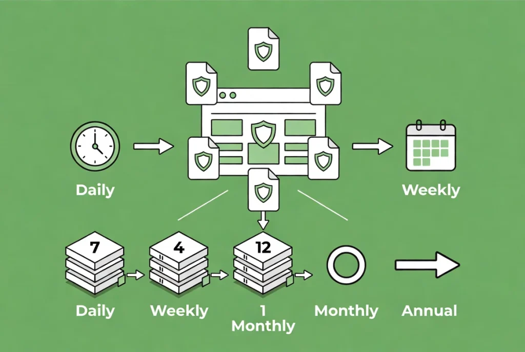 Website dashboard connected to backup icons showing daily weekly monthly retention timeline with workflow arrows