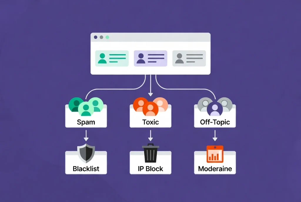 WordPress comment dashboard showing branched workflow paths for handling spam toxic and off-topic challenges with moderation icons