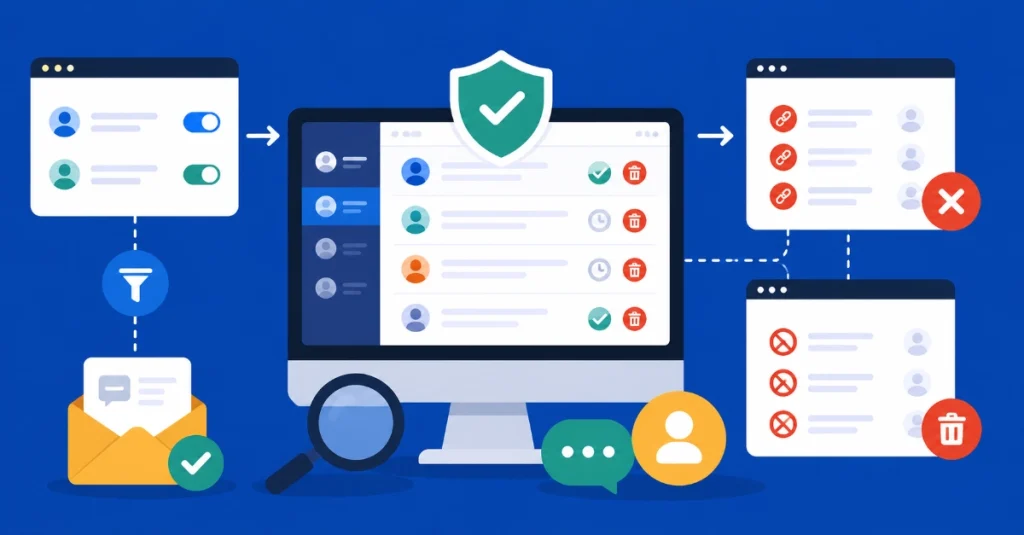 Flat vector illustration of WordPress comment moderation dashboard with green shield protection and spam filtering icons