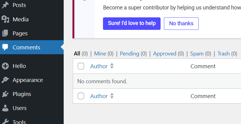 WordPress comments admin screen showing no comments found with Spam filter tab visible in dashboard