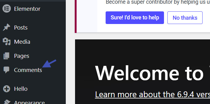 WordPress admin sidebar with blue arrow pointing to Comments menu in dark theme dashboard