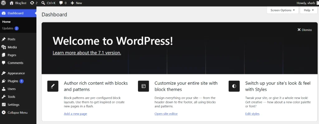 WordPress dashboard admin interface showing posts, plugins, pages, media, settings, and WordPress 7 welcome screen