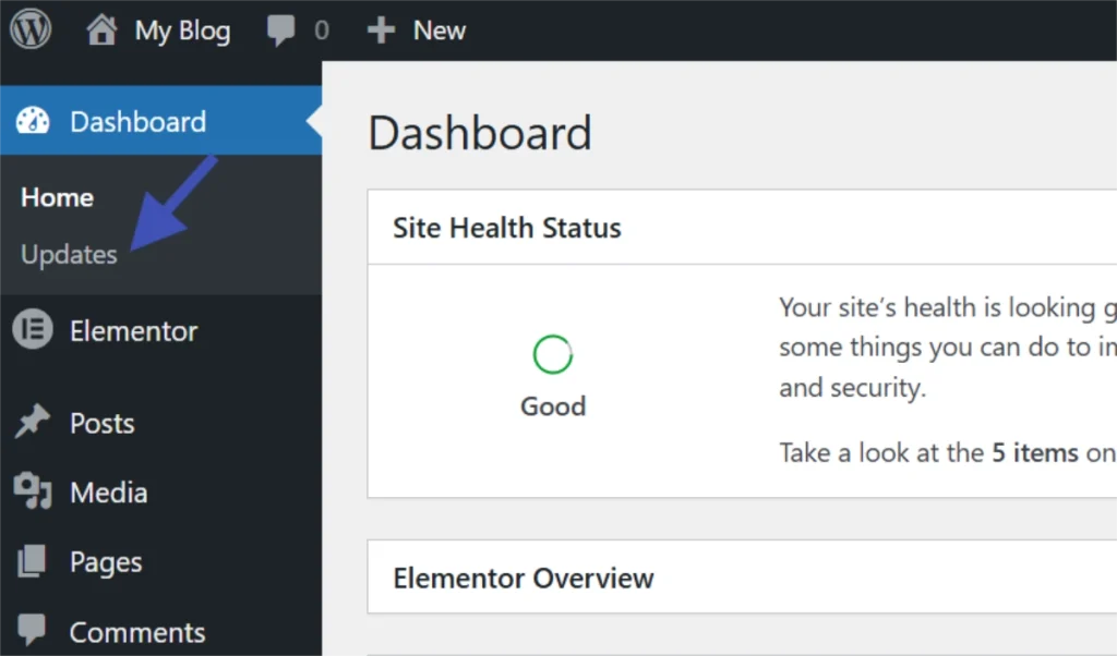 Flat vector WordPress dashboard illustration with blue arrow highlighting Updates menu on dark sidebar