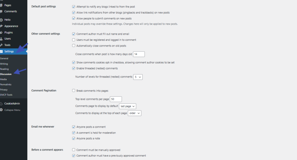 WordPress discussion settings page with sidebar arrows highlighting Settings and Reading options for comment controls