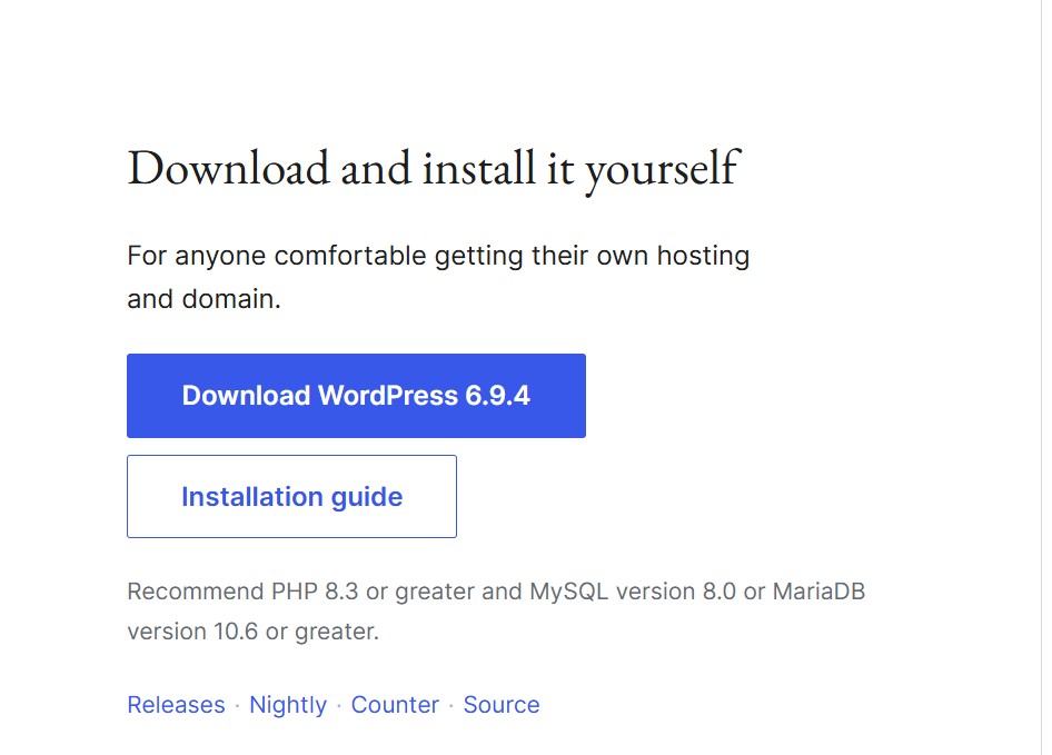 WordPress download page screenshot showing blue Download WordPress 6.9.4 button and installation guide link