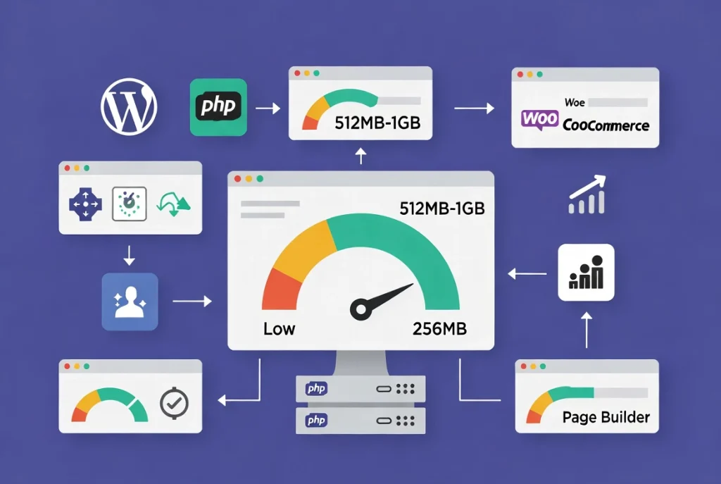 WordPress memory requirement gauge showing recommended PHP limits for different site types on dashboard interface