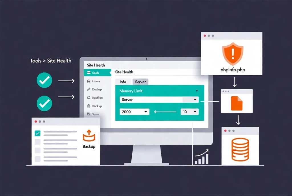 WordPress dashboard showing site health tool checking PHP memory limit with workflow steps