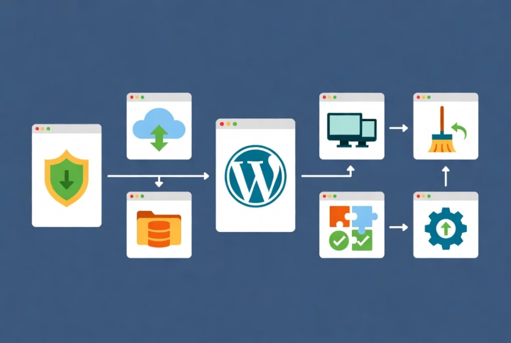 Flat vector workflow illustration showing WordPress pre-update protocol steps including backup staging and compatibility on blue background