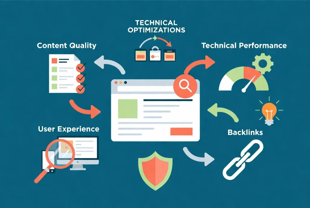 Central search results interface with connected SEO fundamentals icons and optimization workflow arrows on teal background
