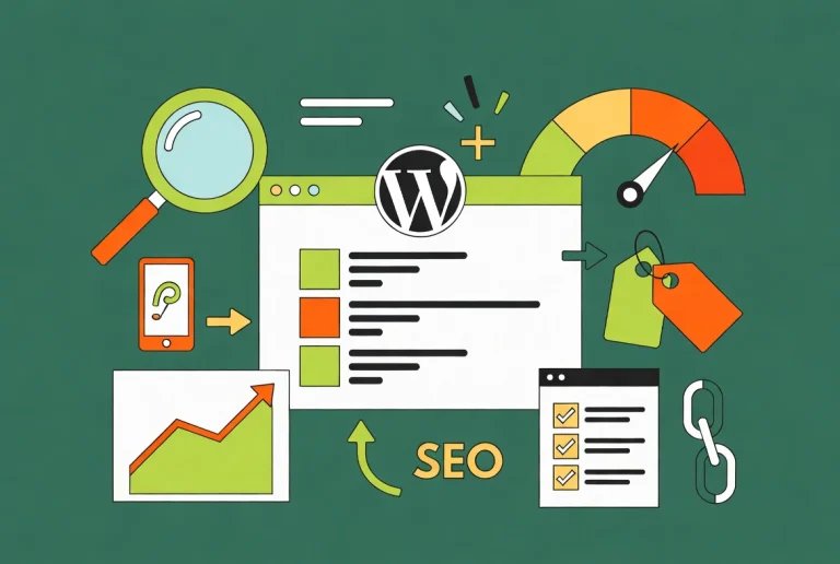 WordPress website optimization process with SEO elements leading to higher search rankings