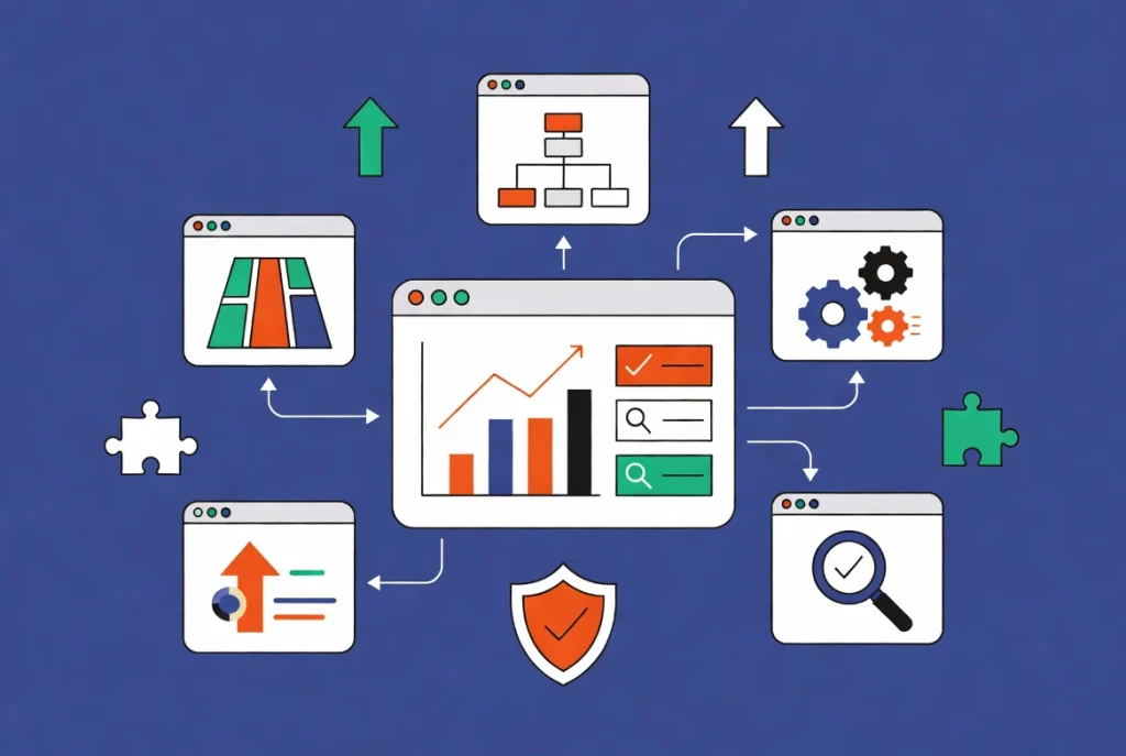 Central dashboard interface with connected SEO plugin icons and optimization workflow arrows on deep blue background