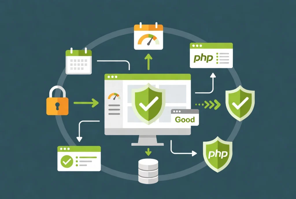 WordPress site health dashboard with green checkmarks and maintenance workflow icons on monitor interface