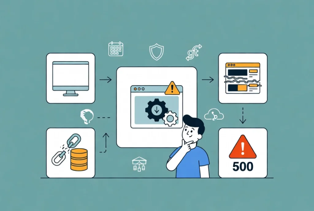 Friendly vector illustration showing WordPress update troubleshooting steps with connected issue cards and workflow arrows on teal background.