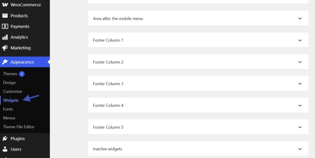 WordPress admin dashboard highlighting the Widgets section under Appearance in WooCommerce site settings