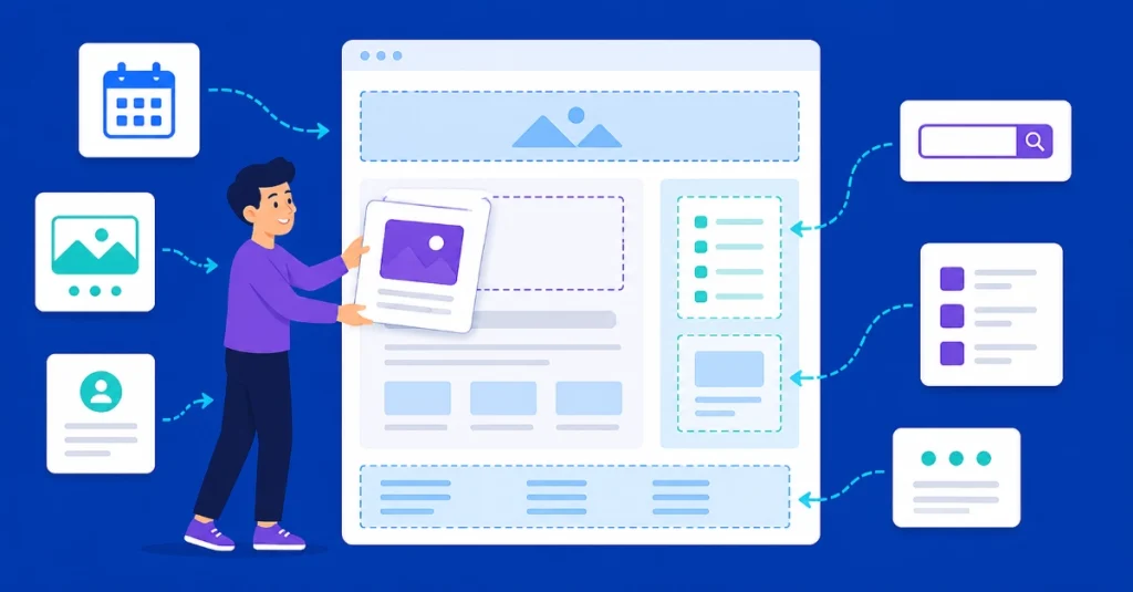 WordPress widget modules arranged in dashboard layout with drag and drop interface and connected UI blocks