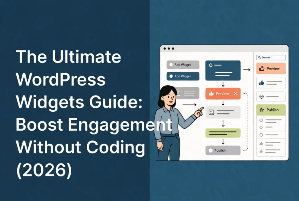 Friendly woman teacher demonstrates WordPress widgets in clean dashboard interface next to guide title