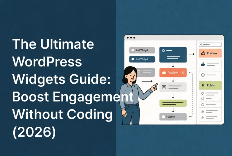 Friendly woman teacher demonstrates WordPress widgets in clean dashboard interface next to guide title