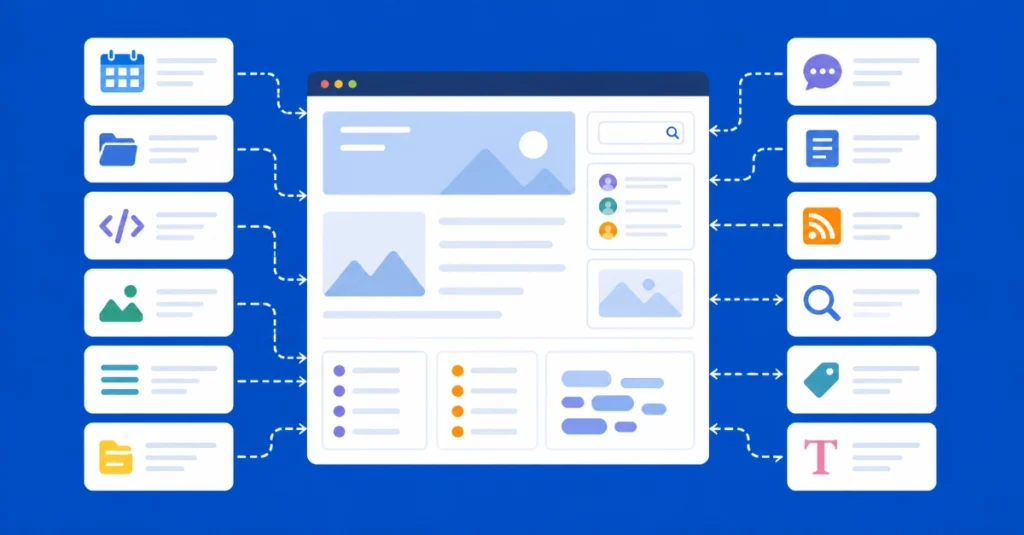 WordPress widget icons connected to dashboard layout showing modular content blocks and UI components