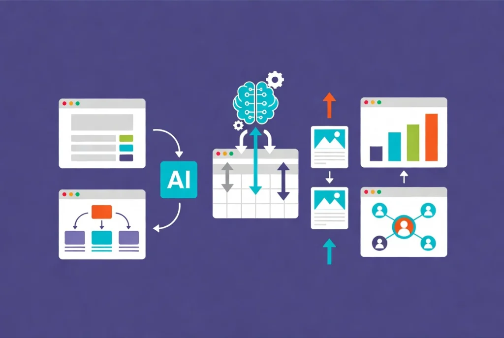 Flat vector workflow illustration of AI blog automation process leading to consistent WordPress content publishing and improved SEO rankings
