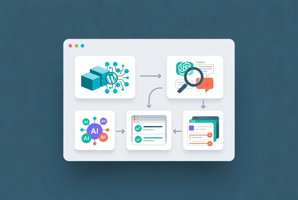 Futuristic AI SEO plugin dashboard with five feature icons connected by workflow arrows on teal background