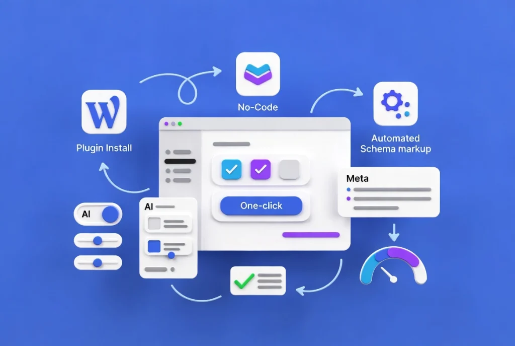 Simple WordPress dashboard interface with AI SEO tools activated through easy clicks and toggles on royal blue background.