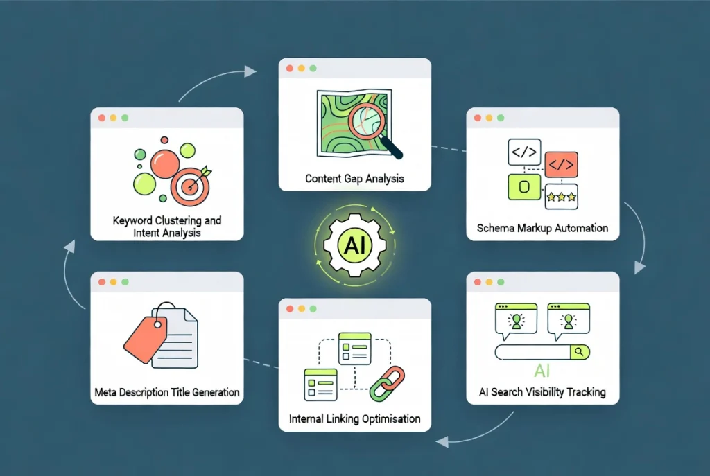 Interconnected white UI panels with icons representing AI enhancements to WordPress SEO areas like keyword clustering, content gaps, schema, and search visibility on teal background.
