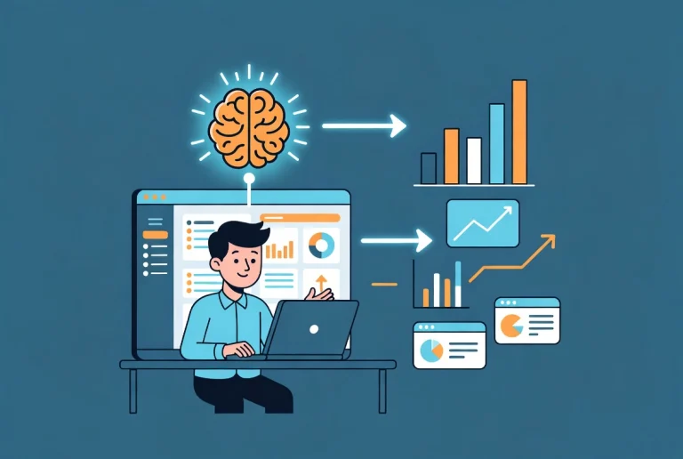 Flat vector illustration of AI enhancing WordPress traffic with workflow connecting laptop dashboard to growth charts.