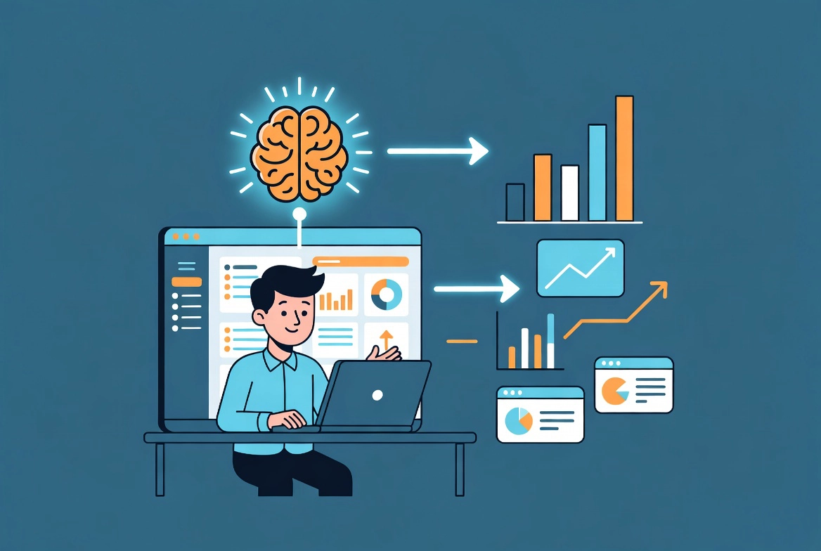 Flat vector illustration of AI enhancing WordPress traffic with workflow connecting laptop dashboard to growth charts.