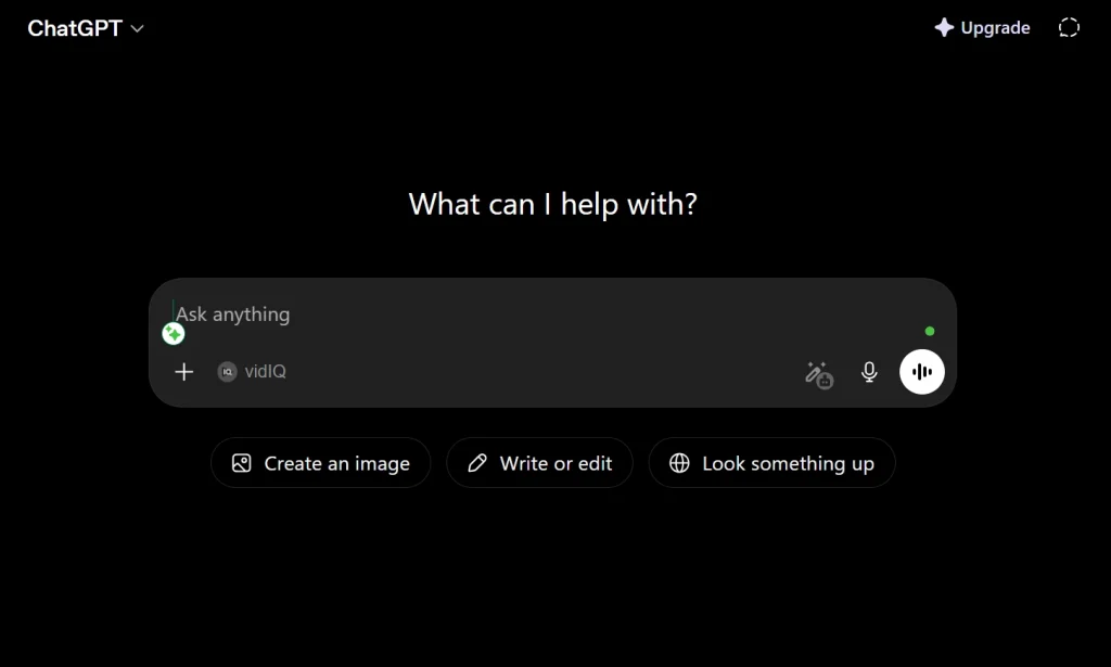ChatGPT dark mode interface screenshot showing prompt input field and quick action buttons