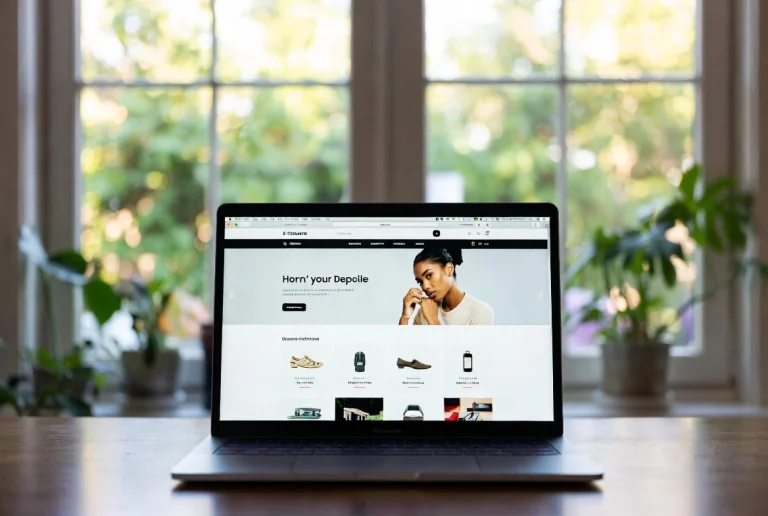 Laptop on wooden desk showing ecommerce fashion landing page with model and product grid