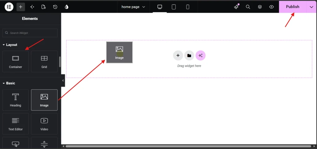 Elementor WordPress builder interface screenshot showing elements panel with image widget being dragged to canvas