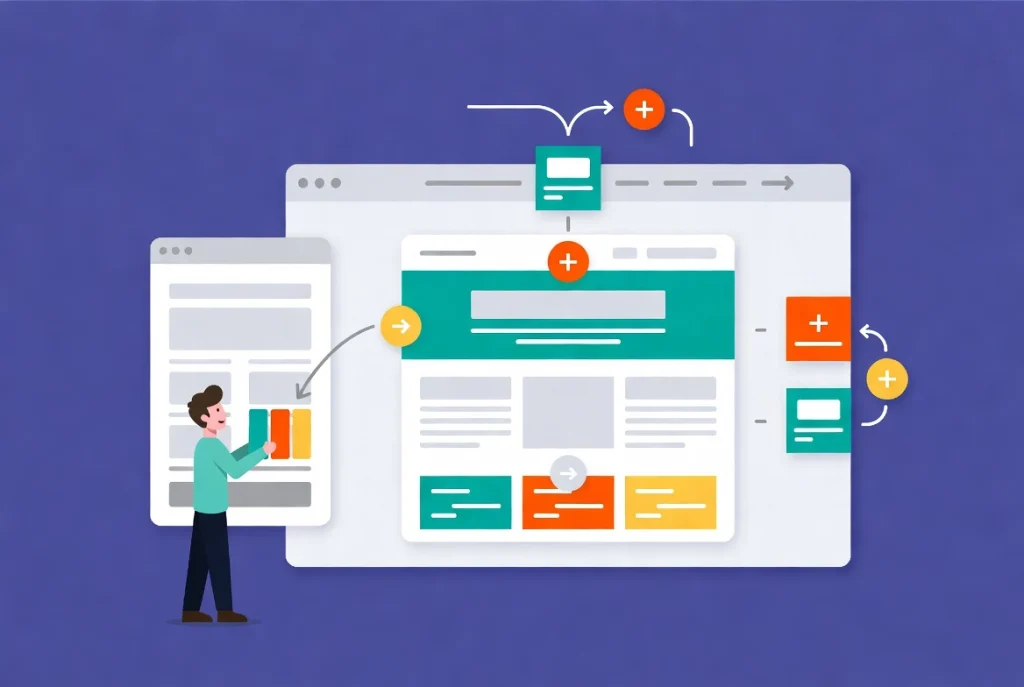 Flat vector illustration of Elementor drag and drop interface creating complex flexible website layouts compared to basic blocks