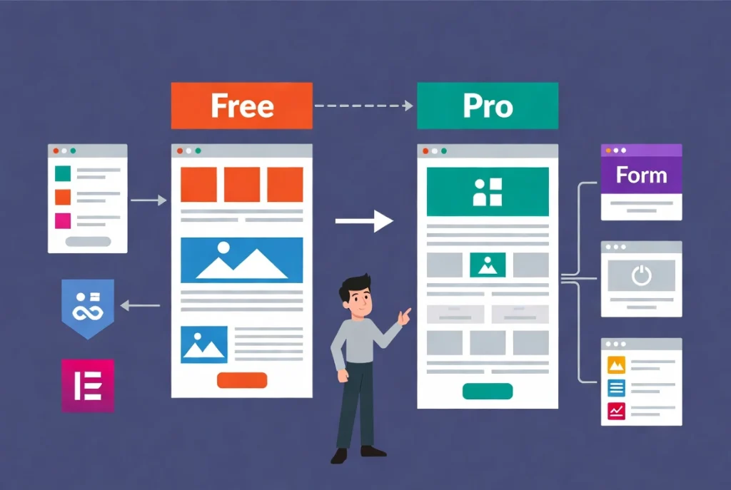 Elementor free vs pro comparison illustration showing basic layouts advancing to advanced theme builder and form widgets with workflow arrows
