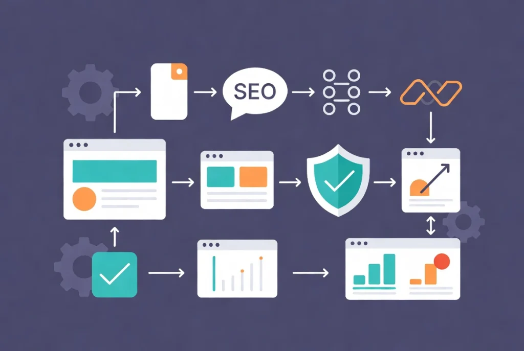Flat vector illustration of website maintenance workflow with SEO settings, maintenance mode, and performance optimization icons connected by arrows