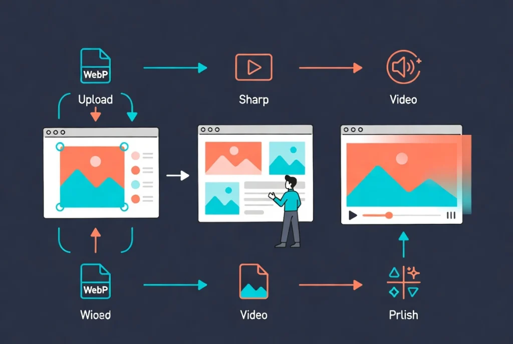 Flat vector illustration of working with images backgrounds and video media in Elementor page builder showing optimization workflow
