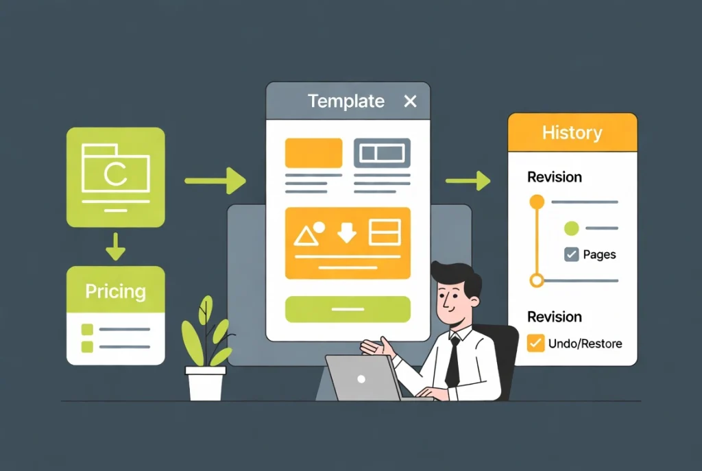 Flat vector illustration showing Elementor workflow tips with reusable templates library and history tool process for efficient WordPress building
