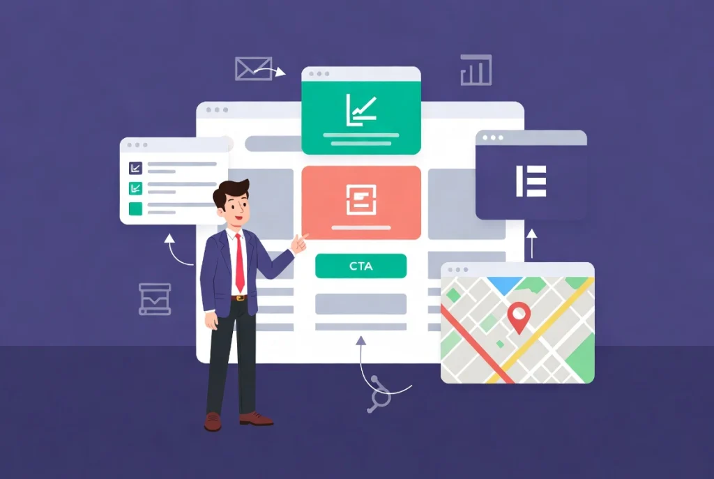 Flat vector illustration of essential Elementor widgets including button icon box divider spacer and map for professional WordPress sites