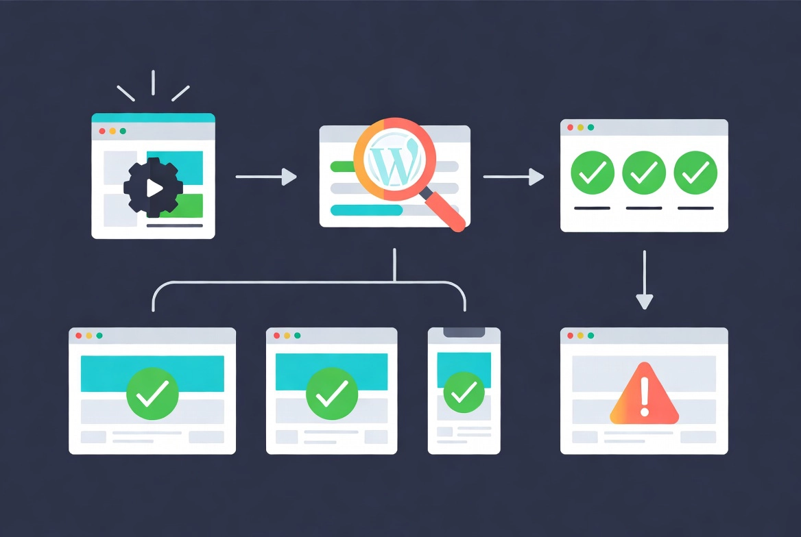 Illustration of automated WordPress tests running at desktop tablet and mobile sizes