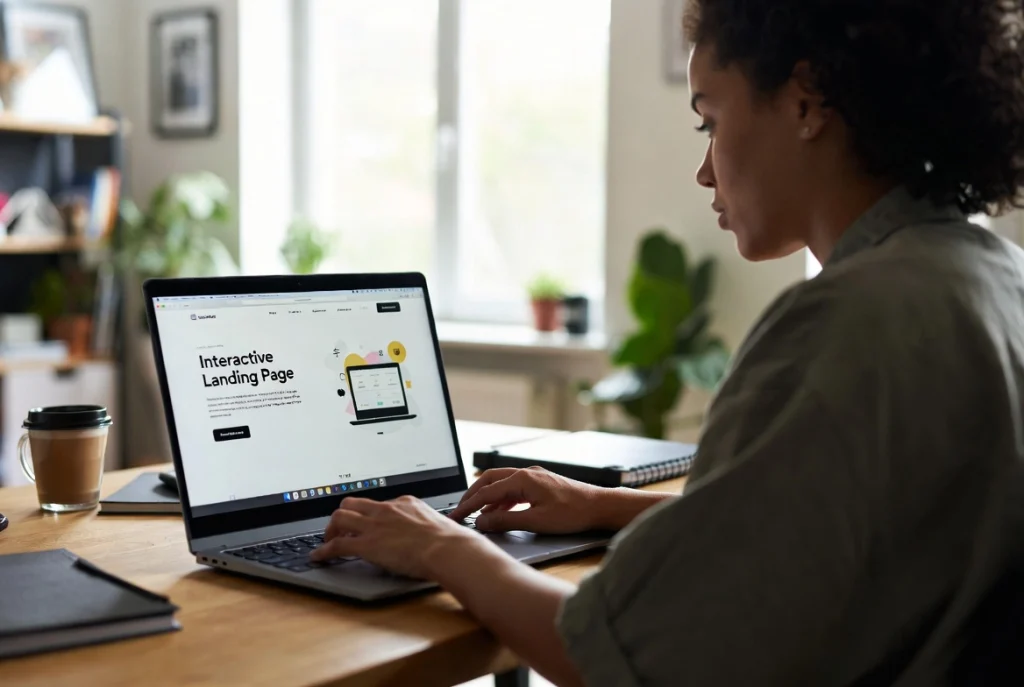 Freelancer focused on laptop designing interactive landing page in home office