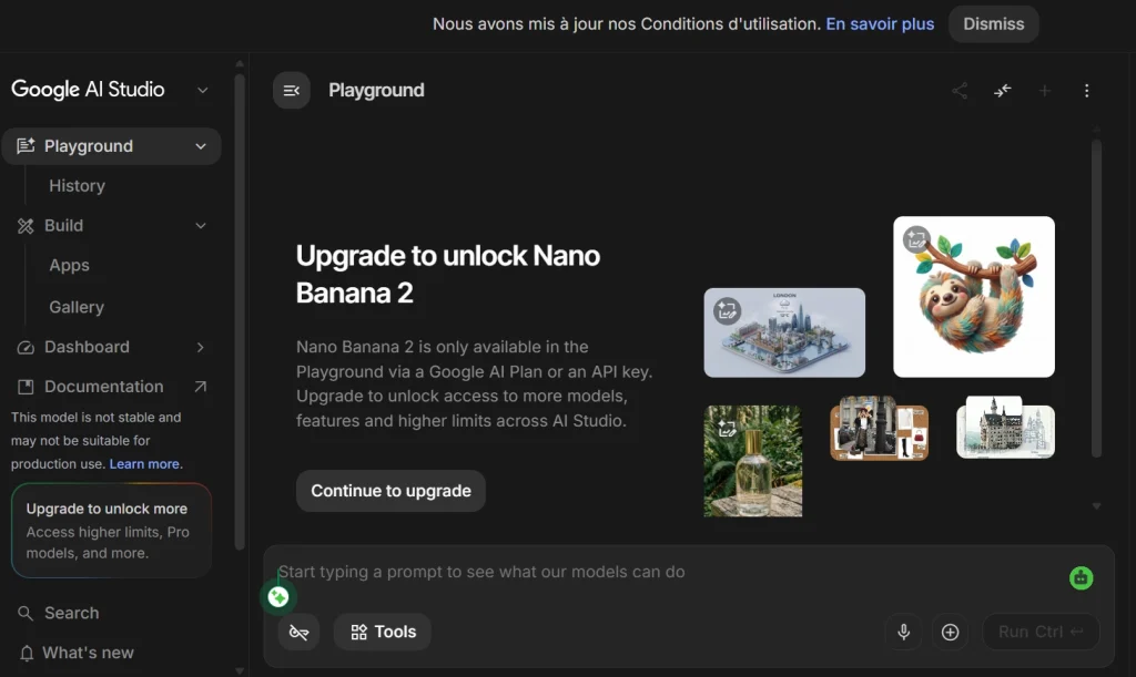Google AI Studio playground screenshot with Nano Banana 2 upgrade prompt and sample AI generated images