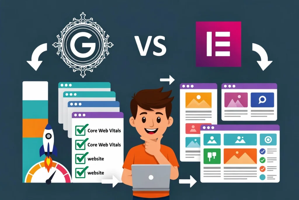 Cartoon developer comparing Gutenberg and Elementor page builders with performance metrics and flexible layouts for WordPress sites