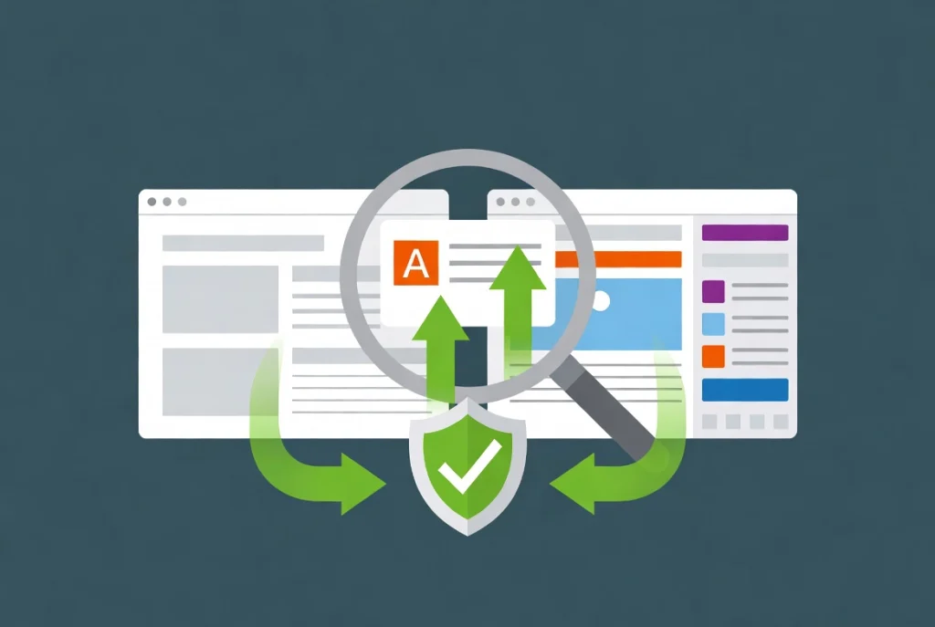 Flat vector comparison illustration of Gutenberg and Elementor page builders with SEO ranking workflow arrows