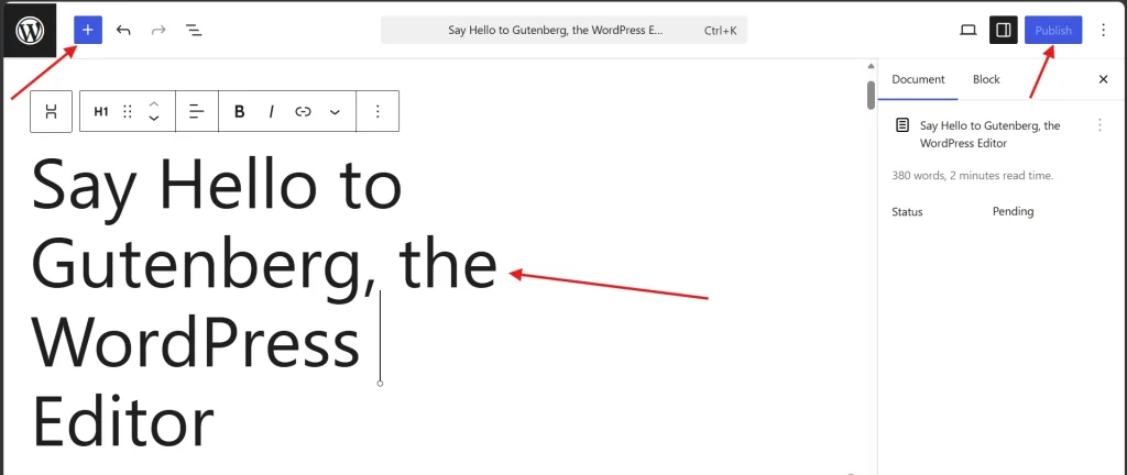 WordPress Gutenberg editor screenshot showing main content area with welcome heading and highlighted toolbar add button