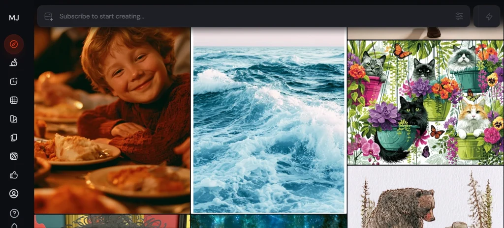 Midjourney interface screenshot displaying grid of AI generated images including boy portrait ocean waves and cat flower pots